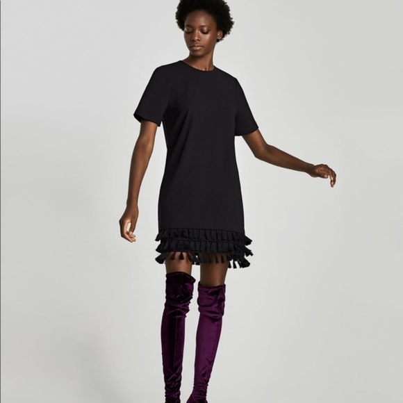 Zara Black Mini Dress with Pom Poms Tassle - Picture 2 of 6